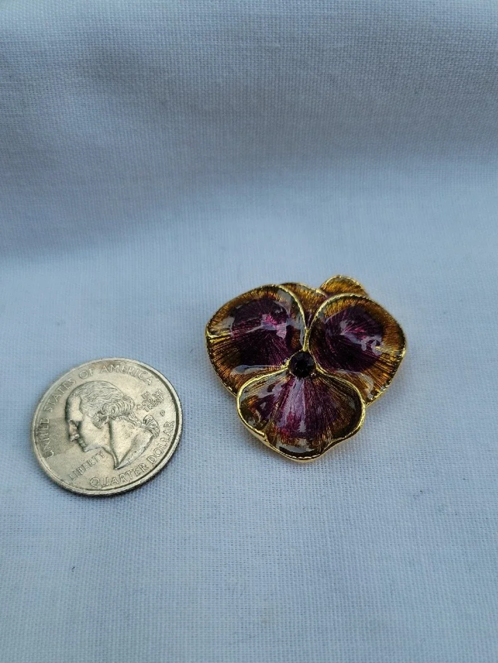 Vintage Joan Rivers Gold-Tone Brooch with Deep Purple Enamel Pansy Honey Orange